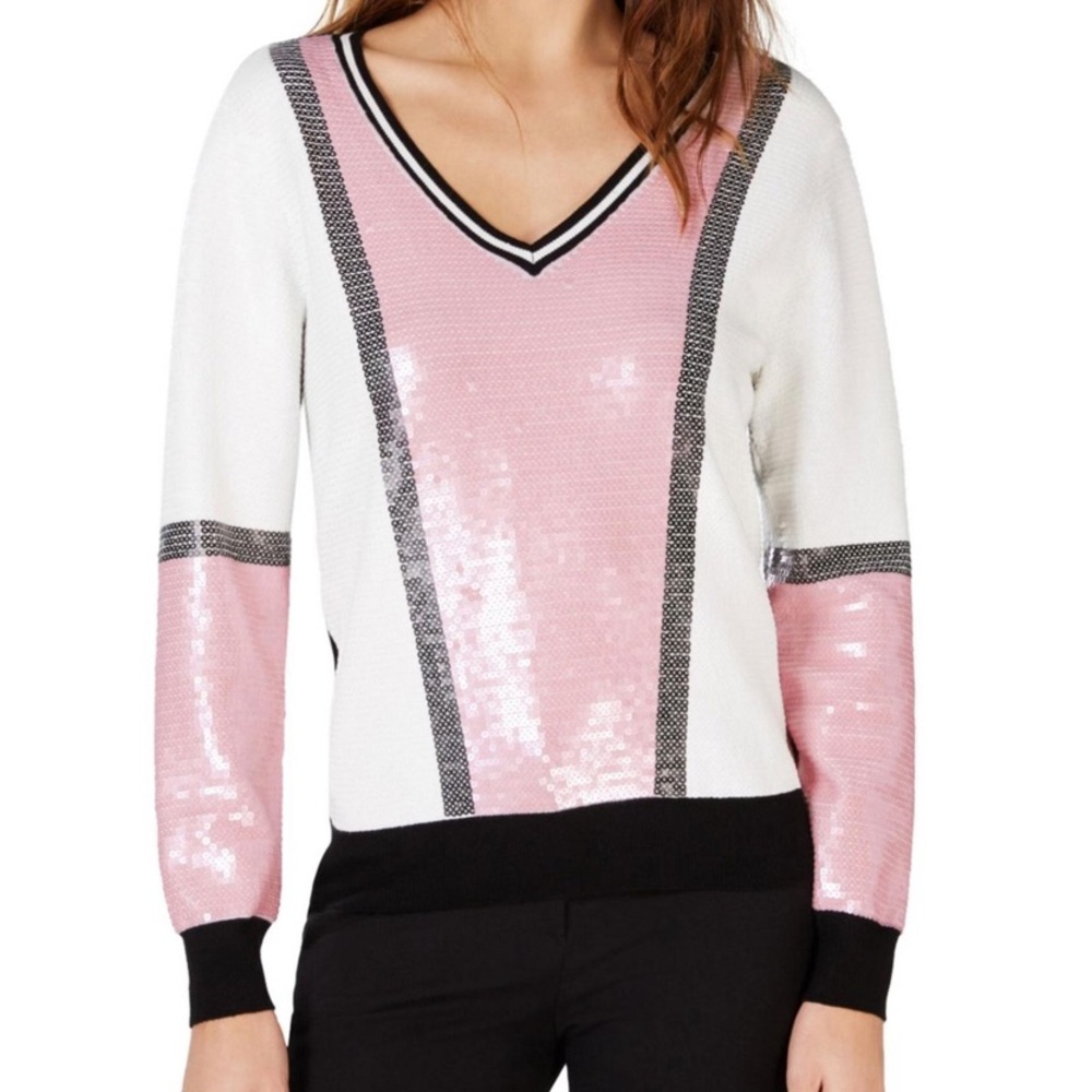 PRE-LOVED INC Checkered Pink and White Sequin Sweater